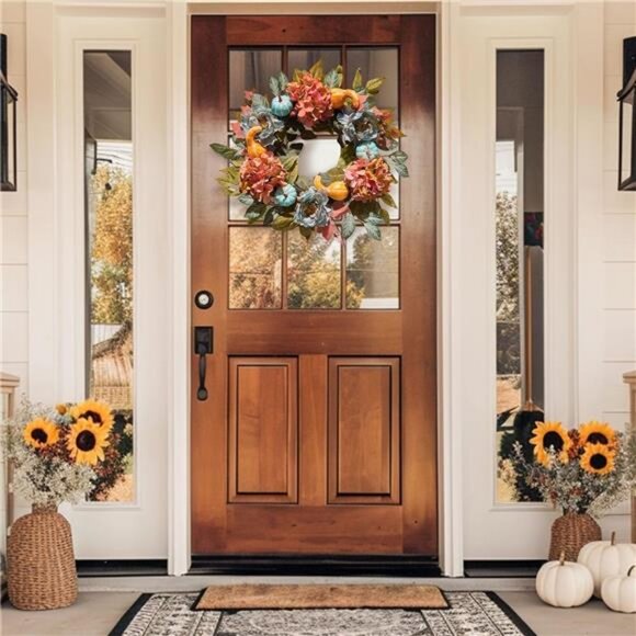 24" Pre-Lit Autumn Wreaths with Peony Hydrangea and Pumpkin for Front Door‎ - Picture 6 of 6